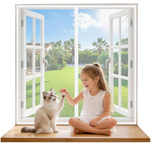 Mosquitera Ventana Magnetica 90x100 cm Blanco, Cierre Automático con Imanes Fuertes, Sin Taladrar, Malla Ultra Fina Anti-Mosquitos, Instalación Rápida y Fácil, Resistente, para Ventanas y Balcón