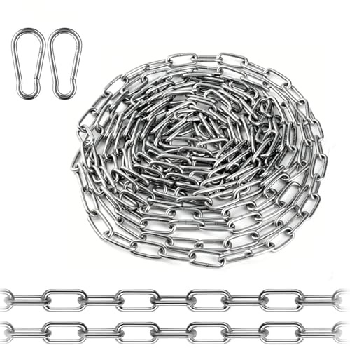 5m x 4mm Edelstahlkette Meterware mit 2 Karabiner, Rundstahlkette Stahlkette, Tragfähigkeit 200kg, Edelstahl Ketten Gliederkette Metallkette Für Hundeleinen,Hängesessel Und Schaukeln