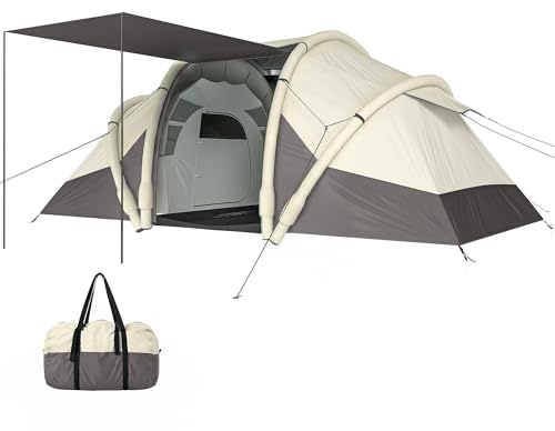 Outsunny Campingzelt, aufblasbar, 2-4 Personen, mit Pumpe, 2 Schlafzimmer und Wohnzimmer – Familientunnelzelt, wasserdicht 3000 mm – 4,85 m mit Entladungsventil und Markise, für Camping, Grau