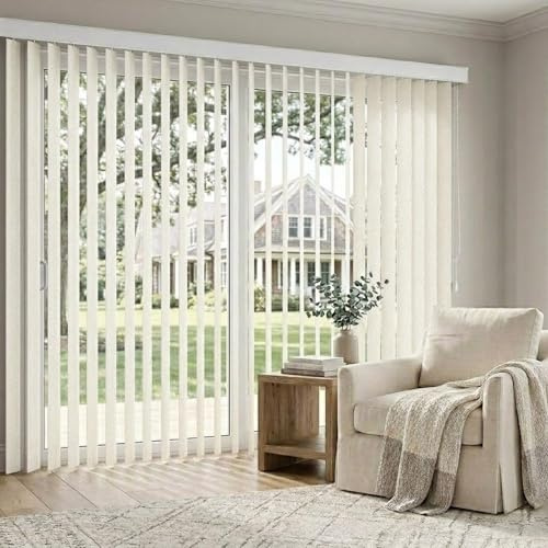Vertical Blinds for Sliding Glass Doors 110cm 155cm 195cm 200cm 220cm 260cm Light Filtering Vertical Privacy Slat Blinds Set for Patio Doors, Track Fabric Window Blind(Beige)