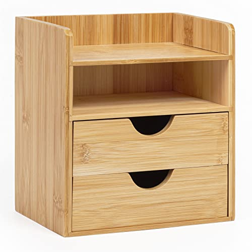 woodluv Desktop Organiser With 2 Drawers, Mini Shelf Storage Box, Drawer Storage For Home Workspace Office Supplies, 19.4 (L) x 13 (W) x 21 (H)
