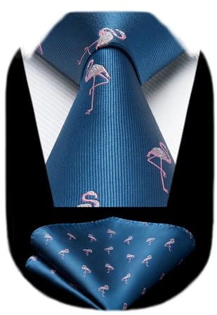 HISDERN Corbatas de Hombre azul marino con Motivo flamenco rosa Modernas Boda Corbata y Pañuelo Conjunto Elegante de Business Partido