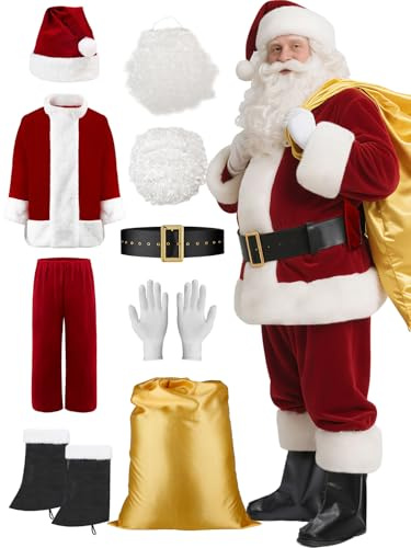 AOSUYOU Santa Claus Costume for Men - 9PCS Deluxe Suit for Adults, Christmas Outfit