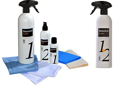 Nanotol Kit de Nettoyage et Protection pour Salle de Bain | Nano protection : anticalcaire, hydrofuge, déperlant et longue durée | Douche, lavabo, robinet, WC, carrelage, verre | M + 2 en 1 : 40 m²