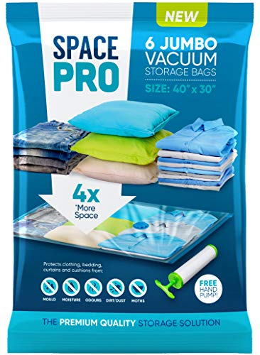 6 Pack Jumbo Vacuum Compressed Storage Bag, 100 x 80cm Reusable Clothes Storage Bags,Space Saver Bags for Bedding, Curtains, Pillows, Clothing, Hand Pump Included