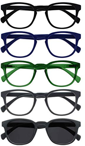 OPULIZE POP Lesebrille für Damen und Herren mit Lesesonnenbrille - 5er Pack - Lustige Runde Brille Matt - Getönte Gläser mit UV400 - Federscharniere - Schwarz Blau Grün Grau Grau Sonnenbrille +3.00