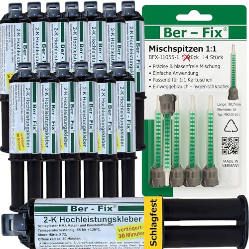 Ber-Fix Hochleistungskleber 2K MMA 30 Min 14x25g + 14 Düsen | Hochleistungskleber 30 Min als 14x25g-Set mit längerer offener Zeit zum Ausrichten großer oder komplexer