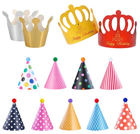 HONGECB Sombreros de Papel del Fiesta de Cumpleaños, Gorros Forma Cónica con Poms, Tapa de Corona de Varios Color y Tamaños Para Los Cabritos y Los Adultos, Favores de la Fiesta