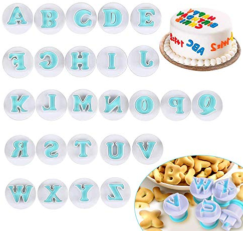 XCOZU 26 Pcs Cortador y Moldes de Letras para Fondant, Moldes de Plástico con Alfabeto Mayúsculas para Decoración de Tartas y Galletas (Azul)