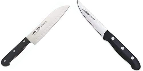 Arcos Cuchillo Universal Santoku 170Mm, Acero Inoxidable, Plateado, 33X7X2 Cm + Maitre, Cuchillo Verduras, Acero Inoxidable Nitrum 100 Mm, Mango Polipropileno Negro