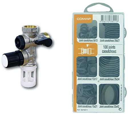 COMAP Groupe de sécurité 889 siège Inox droit pour chauffe eau, cumulus - 20x27 ou 3/4 - R110007001 & Coffret de 100 joints caoutchouc pour sanitaire