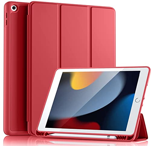 Vobafe Hülle Kompatibel mit iPad 9 8 7 Generation(10.2 Zoll, Model 2021/2020/2019,9./8./7.), Weiche TPU Rückseite Abdeckung Klappständer Schutzhülle mit Stifthalter, Auto Schlafen/Wachen, Rot