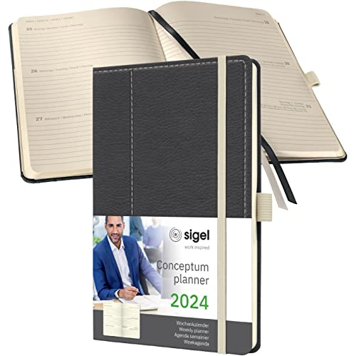 SIGEL C2457 Terminplaner Wochenkalender 2024, Lederoptik, ca. A5, dunkelgrau/weiß, Hardcover, 192 Seiten, Gummiband, Stiftschlaufe, Archivtasche, PEFC-zertifiziert, Conceptum