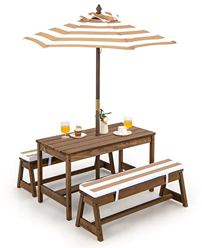 GOPLUS Conjunto 4 en 1 de 1 Mesa +2 Banco +1 sombrilla para niños, Mesa de Actividades y Banco de Madera de Abeto para niños, Conjunto de Muebles portátiles de Exterior para 4 Personas (marrón)