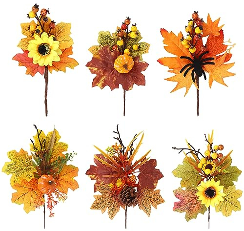 6 Piezas de Hojas de arce Artificiales Ramas de Bayas Decoraciones de Otoño con Calabaza Girasol Piñas para Acción de Gracias Festival de la Cosecha Interior Exterior Adornos para el Hogar (Estilo A)