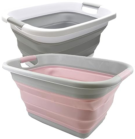 SAMMART 25L Collapsible Laundry Basket/Tub - Foldable Storage Container/Organizer - Portable Washing Bin - Space Saving Hamper - Car Trunk Storage Box (Grey+Pale Pink)