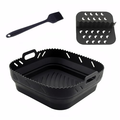 Square Silicone Air Fryer Liner with Divider for Cosori 5.5L/Tefal 5L/Ninja Speedi 5.7L, 8 Inch Reusable Air Fryer Accessories(Black)