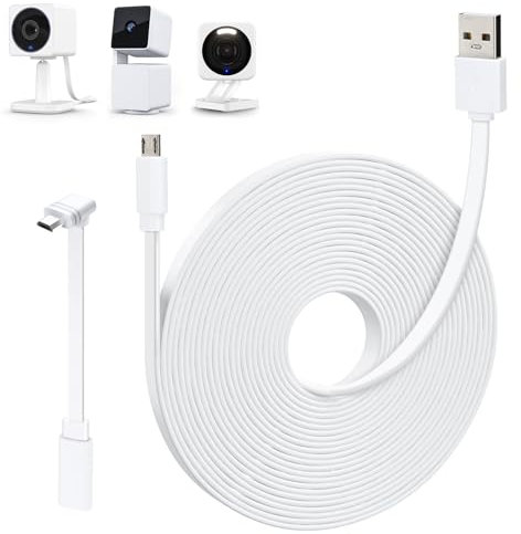 25FT Power Extension Cable Compatible with WYZE Cam OG, Cam V4/V3/V3 Pro, Cam Pan V3/V2, L-Shape Micro USB Extension Cable for WYZE Cam Pan, Weatherproof Flat Power Cord-White