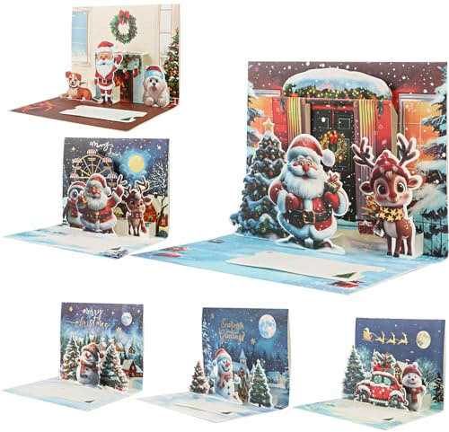 SULOLI 6 Pezzi Biglietti di Auguri Natale 3D,Biglietti Natalizi Pop-Up
