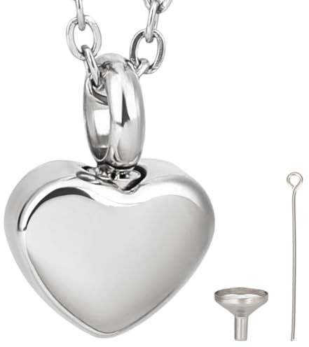 CREATCABIN Heart Cremation Jewelry for Ashes Urn Necklace Keepsake Cremation Jewelry Mini Stainless Steel Silver Memorial Urns Pendant with Cable Chain Funnel Pin for Bereavement Family Friends 21Inch