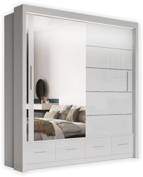 SERENITY SELECTION Modern High Gloss 2&3 Mirror Sliding Doors Wardrobe With Adjustable Shelves, Hanging Rails with LED Light,Bedroom Furniture (White, 208cm)