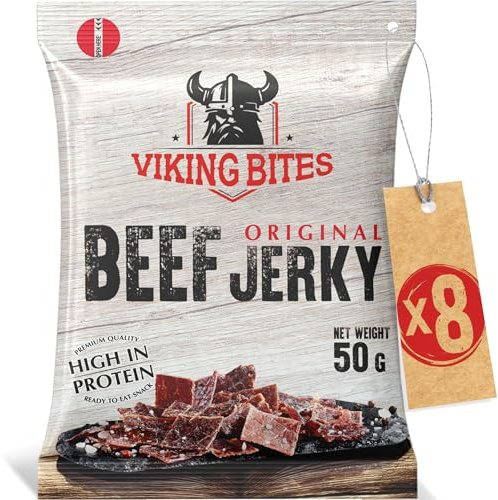 Viking Bites Beef Jerky Original 400g (8 x 50 g) - Bœuf séché - En-cas à base de viande riche en protéines