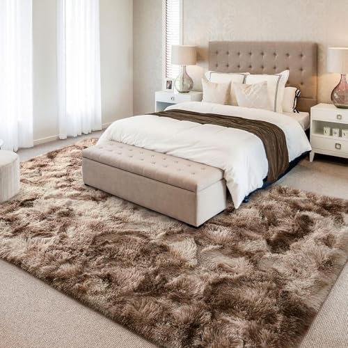 HOKXUAN Shaggy Hochflor Teppich Läufer Flur 140 x 100 cm Extra Weich, Pflegeleicht Flauschig Fellteppich Kunstfell Modernes Einfarbiges Design für Schlafzimmer Kinderzimmer, Taupe