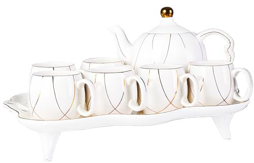 Prefdo Service à thé, 6 tasses à thé avec théière et plateau à thé, ensemble moderne de tasses à thé et café avec bordure dorée, décoration de salon en porcelaine, ensemble de goûter, emballage cadeau