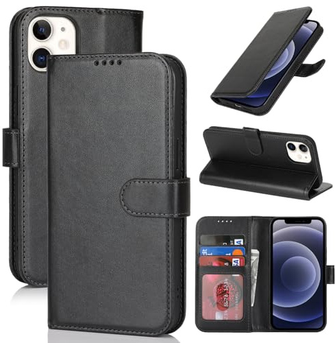 Zouzt Hülle für iPhone 12 Mini (5,4), Premium PU Leder, Schwarz | Handyhülle mit Kartenfächern, Magnet Klapp Schutzhülle, Stoßfeste TPU-Innenhülle, Frauen Männer, Leather Wallet Phone Case