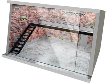 EHJRE Vitrine de Modèle de Véhicule à Échelle 1/64 1/36 1/32, Décoration de Table Anti-poussière, Diorama Parking avec Éclairage Intégré USB pour Aménagement de Voiture Moulé, Escalier Gauche Rouge