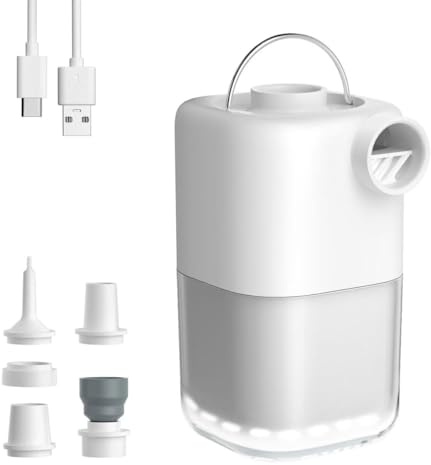 Acmeenjoy Pompa Elettrica Portatile 4000pa, Mini Pompa Elettrica Ricaricabile per Materasso Gonfiabile con 5 ugelli e Luci Campeggio, per Gonfiare e Sgonfiare, Bianco