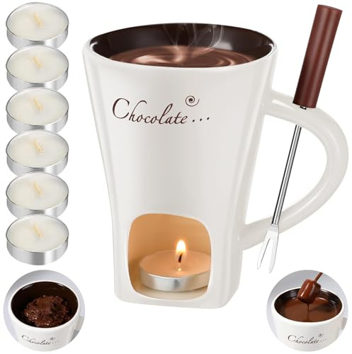 Fondue Mug, Chocolate Fondue Mug with Forks and 6Pcs Candles, Chocolate Melting Cup Set Ceramic Chocolates Butter Cheese Melt Mugs Warmer Pot Set Gifts for Date Night Birthday Wedding
