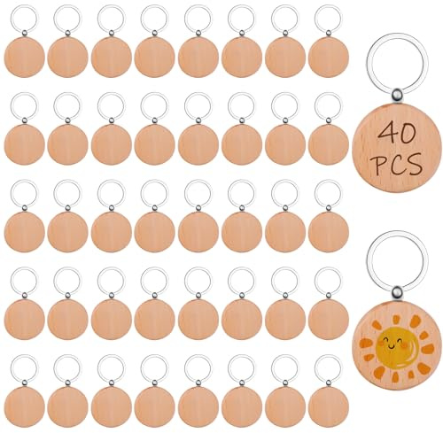 Lot de 40 anneaux de porte-clés en bois vierge - Porte-clés ronds - Étiquetage - Porte-clés en bois vierge - Pour gravure DIY et peinture