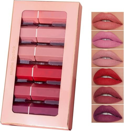 6Colors Matte Nude Lipstick Set for Women - Long Lasting Non Stick Cup Velvet Lip Gloss Lip Stain/Matte Nude Hot Pink Lipstick/Hydrating High Pigmented Smooth Lipsticks (6 Colors Set)