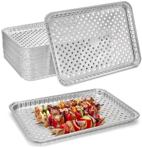 Frcctre 25 Pack Disposable Aluminum Grill Pans, 16 x 12 Inch Large Aluminum Broiler Pans Foil Grill Trays Topper Pan Sheet Pan with Holes for for Outdoor Cooking and Camping, BBQ