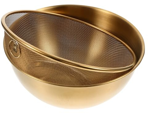 SMASOLO Stainless Steel Rice Drainer and Fine Mesh Vegetable Basket Set 22cm Gold Colander and Mixing Bowl Kitchen Strainer for Fruit Washing and Food Drainage