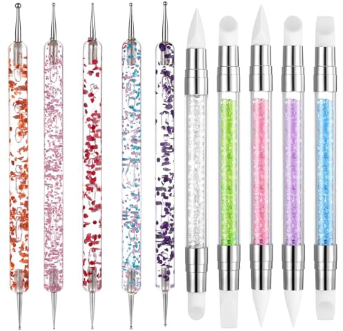 Guduling Lot de 10 pinceaux en silicone pour ongles, outils à pointiller, double face pour design, feuille d'or, gravure, peinture, effet 3D, peinture et pointillage
