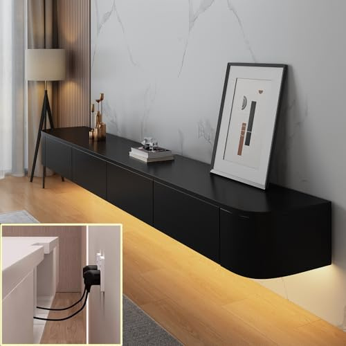 XDXINY Svävande TV-mediekonsol, väggskåp, TV-bänk, stor förvaringsenhet under TV, nedsänkt skåp med lådor och routerstativ (svart + LED, 180 x 20 x 24 cm)