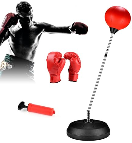 UUE Punchingball, Boxsack mit Ständer,121-145 cm höhenverstellbar, Standboxsack mit Boxhandschuhen und Luftpumpe, Training Set, Speedball, Boxstand, Standboxball, für Erwachsene, Zuhause