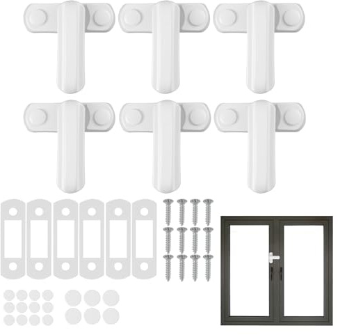 6 Pack Sash Jammers, Window Sash Jammer Locks with Screws and Caps, Extra Anti-Theft Security for PVC uPVC Windows and Doors, Easy to Install Sash Jammer for Windows and Home Security (White)