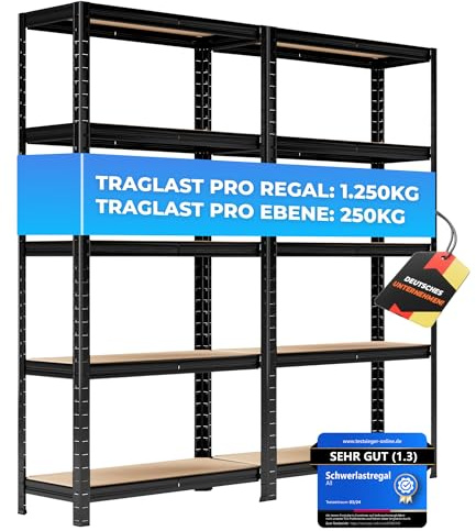 ALL Premium Schwerlastregal 2-er Set150x75x30 cm Schwarz - 1250kg Traglast – Regal 30cm tief & schwerlastregal 30 cm tief, Regal 150cm hoch & lagerregal 30 cm tief ideal für Keller & Garage