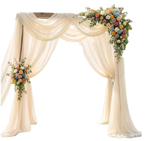 3 Stück Hochzeitsbogen Gardinen Beige 75×600cm für Hochzeit Torbogen, Party | 75×600cm Chiffon-Stoff Hochzeitsbogen Vorhang Querbehang, Tüll Hochzeits Hintergrund Vorhang für Zeremonie, Fotografie,Party