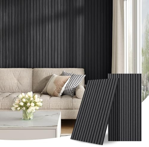 INMOZATA Wooden Acoustic Slat Wall Panel-3D Decorative Sound Absorbing & Soundproofing Wall Paneling for Living Room Bedroom Home Cinema Studio Interior Easy Installation,2400x600mm,Black-A