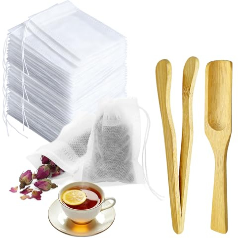 500 Stück Teebeutel für Losen Tee mit Teelöffel und Pinzette, 7x9 cm Teefilter Papier mit Kordelzug, Teefilterbeutel Einweg für Tee, Duftender, Gewürze,Vanille, Lavendel, Kaffee (Weiß)
