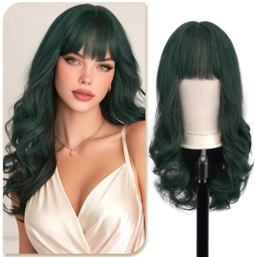 Sofeiyan Pelucas Largas Onduladas con Flequillo,60 cm Verde Esmeralda Oscuro Pelucas Mujer Pelo Natural,Peluca Sintético Para Diario Festival de Música y Fiesta de la Hoguera Cosplay