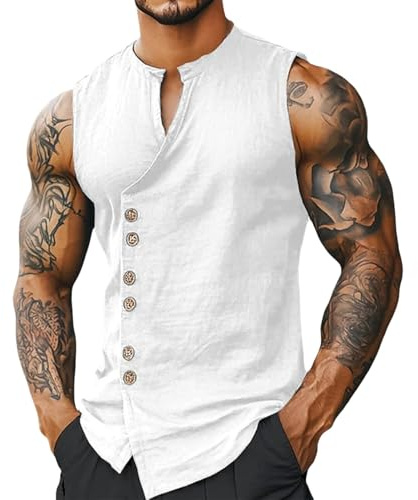 Generisch Camiseta de tirantes de lino para hombre, ropa de playa, sin mangas, camisa de vacaciones, con botones, ropa de hombre, ligera, transpirable, jersey de playa, para negocios, moderno, camisa