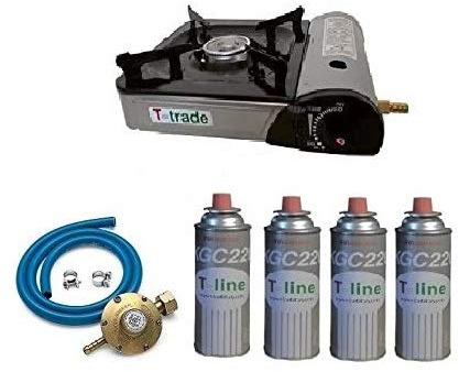 Hornillo de mesa tipo bistro Potencia 2200 W con accenzione Piezo eléctrica funciona con doble transmisión (cartucho gas o bombona) incluidas centralferramenta 4 a gas + Kit Regulador Casquillo