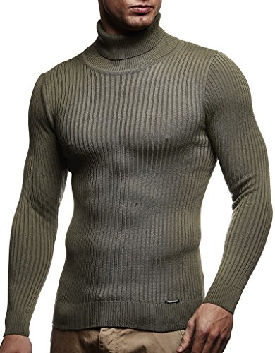 Leif Nelson Pull Homme avec col roulé Chemise à Manches Longues Pull en Maille Fine LN1670 Kaki Taille L