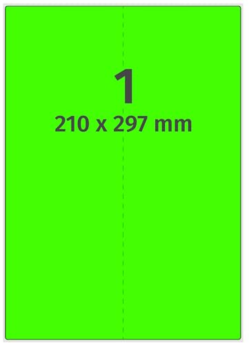 Labelident Laser-Etiketten auf A4 Bogen, neongrün - 210 x 297 mm - 100 Papier Aufkleber auf 100 Bogen, selbstklebende farbige Klebeetiketten fluorisierend leuchtfarbig