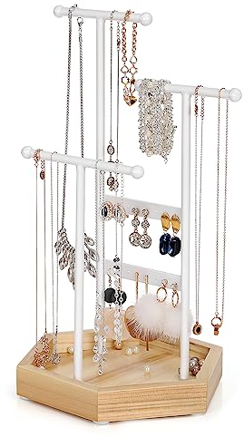 SONGMICS Espositore Portagioie, Porta Collane e Orecchini, 4 Partizioni, Supporto per Gioielli, in Metallo, Supporto per Bracciali Anelli, Idea Regalo, Bianco e Naturale JJS03NW